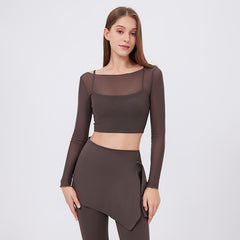 Mesh Long-Sleeve Crop Top with Built-In Bra - Quick-Dry