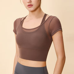 Halter Neck Short-Sleeve Crop Top - Breathable, Padded, Slim Fit Yoga Tee