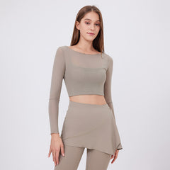 Mesh Long-Sleeve Crop Top with Built-In Bra - Quick-Dry