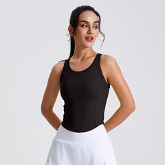 Round Neck Sports Top with Fixed Cups - 3D Cut, Ideal for Yoga & Running