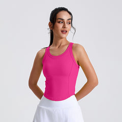 Round Neck Sports Top with Fixed Cups - 3D Cut, Ideal for Yoga & Running