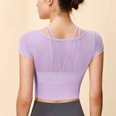 Halter Neck Short-Sleeve Crop Top - Breathable, Padded, Slim Fit Yoga Tee