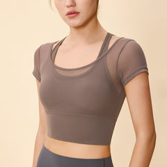 Halter Neck Short-Sleeve Crop Top - Breathable, Padded, Slim Fit Yoga Tee