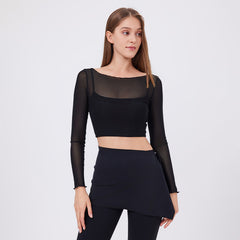 Mesh Long-Sleeve Crop Top with Built-In Bra - Quick-Dry