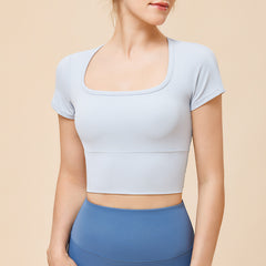 Simple Scoop-Neck Cutout Back Sports Tee - Fitted, Moisture-Wicking Yoga Top