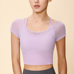 Halter Neck Short-Sleeve Crop Top - Breathable, Padded, Slim Fit Yoga Tee