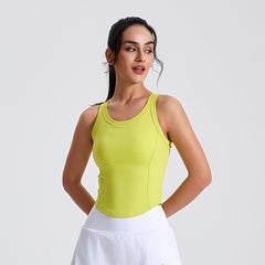 Round Neck Sports Top with Fixed Cups - 3D Cut, Ideal for Yoga & Running