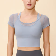 Halter Neck Short-Sleeve Crop Top - Breathable, Padded, Slim Fit Yoga Tee