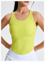 Round Neck Sports Top with Fixed Cups - 3D Cut, Ideal for Yoga & Running