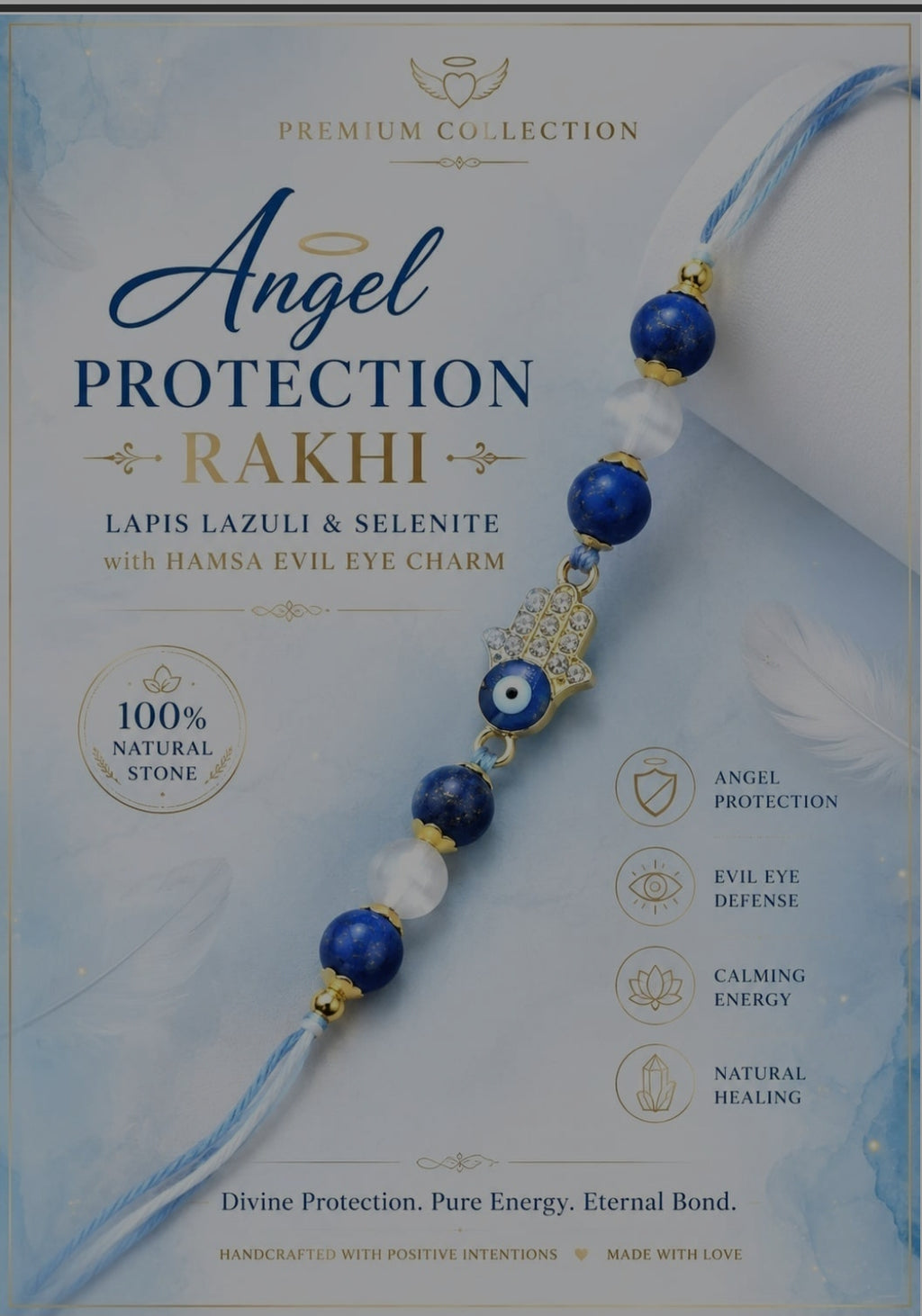Angel Protection Rakhi 💕 | Lapis Lazuli & Selenite with Hamsa Evil Eye Charm🧿