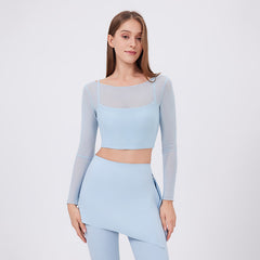 Mesh Long-Sleeve Crop Top with Built-In Bra - Quick-Dry