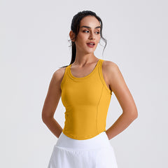 Round Neck Sports Top with Fixed Cups - 3D Cut, Ideal for Yoga & Running