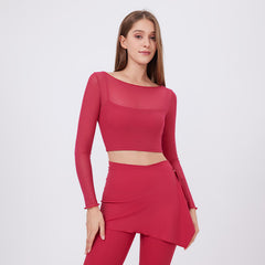 Mesh Long-Sleeve Crop Top with Built-In Bra - Quick-Dry