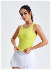 Round Neck Sports Top with Fixed Cups - 3D Cut, Ideal for Yoga & Running