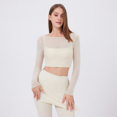 Mesh Long-Sleeve Crop Top with Built-In Bra - Quick-Dry