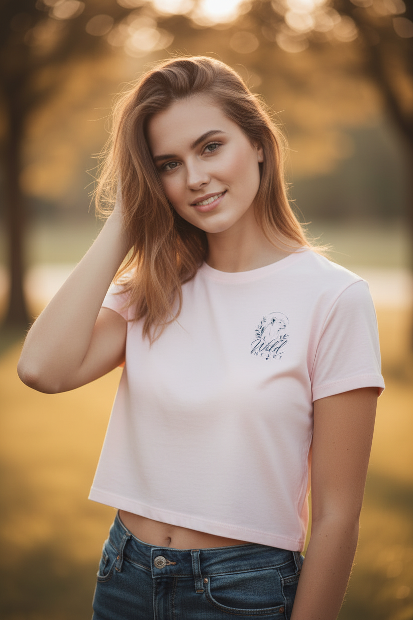 Light Baby Pink Baby Tee - playful hair tuck pose